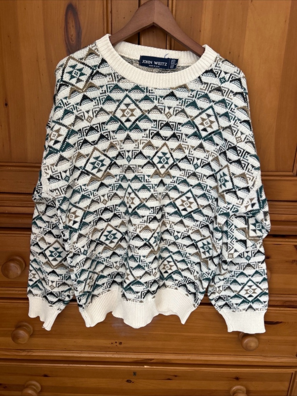 Vintage John Weitz Geometric Knit Sweater Mens Sz L USA Cotton Retro 90’s